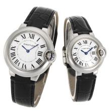 Cartier Ballon Bleu De Cartier Weißes Zifferblatt Mit Schwarzen Lederband-Couple Uhr