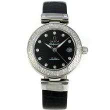 Omega Ladymatic Diamond Bezel With Black Dial-Leather Strap