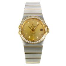 Omega Constellation Automatic Two Tone Diamant-Lünette Mit Golden Dial-18K Plated Gold Bewegung