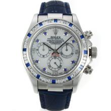 Rolex Daytona Chronograph Asia Valjoux 7750 CZ Diamond Bezel Blue Diamond Marker Mit White Mop Dial-Blue Leather Strap