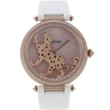 Cartier Panthere De Cartier Rose Gold Case Voll Diamond Bezel With Pink MOP Dial-Leather Strap