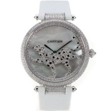 Cartier Panthere De Cartier Vollständige Diamond Bezel Mit Grey MOP Dial-White Leather Strap