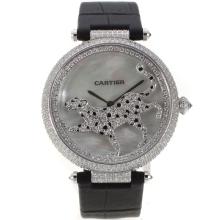 Cartier Panthere De Cartier Voller Diamanten Lünette Mit MOP Dial-Black Leather Strap