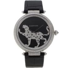 Cartier Panthere De Cartier Vollständige Diamond Bezel With Black MOP Dial-Leather Strap