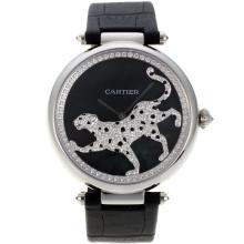 Cartier Panthere De Cartier Diamond Bezel With Black MOP Dial-Leather Strap