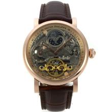 Patek Philippe Arbeiten Two Time Zone Automatic Rose Gold Case Mit Skeleton Dial-Leather Strap