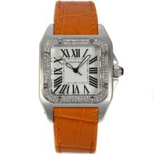 Cartier Santos 100 Diamond Bezel Mit Weißem Zifferblatt-Orange Leather Strap