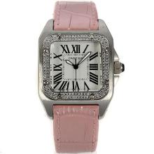 Cartier Santos 100 Diamond Bezel Mit White Dial-Pink Leather Strap