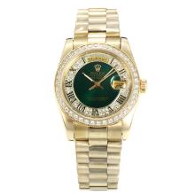 Rolex Day-Date Automatic Voller Gold Diamant Lünette Mit Green Dial-Roman Marking