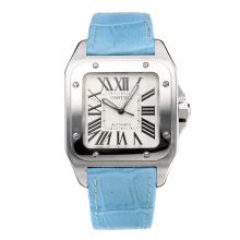 Cartier Santos 100 Schweizer ETA 2688 Automatik-Uhrwerk Mit Weißem Zifferblatt-Light Blue Leather Strap-Saphirglas