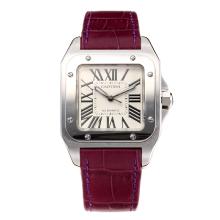 Cartier Santos 100 Schweizer ETA 2688 Automatik-Uhrwerk Mit Weißem Zifferblatt-Purple Leather Strap-Saphirglas