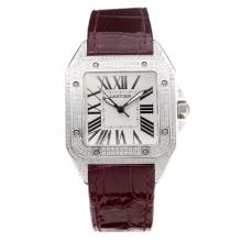 Cartier Santos Diamant-Kasten Mit Weißem Zifferblatt-Purple Leather Strap-Saphirglas