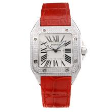 Cartier Santos Diamant-Kasten Mit Weißem Zifferblatt-Red Leather Strap-Saphirglas