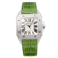 Cartier Santos Diamant-Kasten Mit Weißem Zifferblatt-Grün Leder Strap Saphirglas