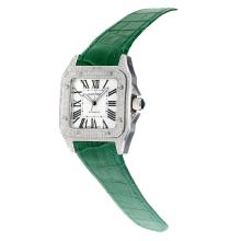 Cartier Santos 100 Asien ETA 2813 Automatik-Uhrwerk Diamant-Kasten Mit Weißem Zifferblatt-Grün Lederband