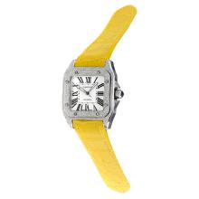 Cartier Santos 100 Asien ETA 2813 Automatik-Uhrwerk Diamant-Kasten Mit Weißem Zifferblatt-Gelb Lederband
