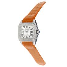 Cartier Santos 100 Asien ETA 2813 Automatik-Uhrwerk Diamant-Kasten Mit Weißem Zifferblatt-orange Lederband