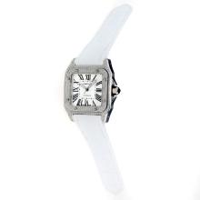 Cartier Santos 100 Asien ETA 2813 Automatik-Uhrwerk Diamant-Kasten Mit Weißem Zifferblatt-Weiß Lederband