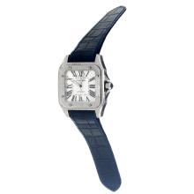 Cartier Santos 100 Asien ETA 2813 Automatik-Uhrwerk Diamant-Kasten Mit Weißem Zifferblatt-Blue Lederband