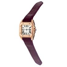 Cartier Santos 100 Schweizer ETA Uhrwerk Roségold Mit Weißem Zifferblatt-Dark Purple Leather Strap-Saphirglas