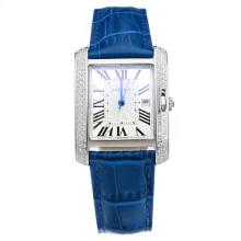 Cartier Tank Diamant Lünette Mit Weißem Zifferblatt-Blue-Lederband