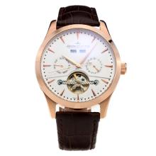 Jaeger-Lecoultre Tourbillon Automatic Rose Gold Case with White Dial-Leather Strap