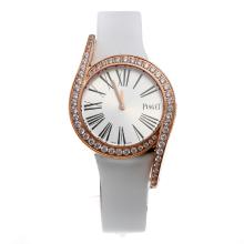 Piaget Limelight Rose Gold Case Diamond Bezel with Silver Dial-White Leather Strap