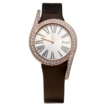 Piaget Limelight Rose Gold Case Diamond Bezel with Silver Dial-Brown Leather Strap