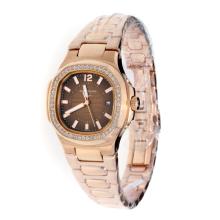 Patek Philippe Nautilus Full Rose Gold Diamond Bezel with Brown Dial-Lady Size