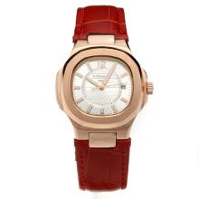 Patek Philippe Nautilus Rose Gold Case Silver Dial with Leather Strap-Lady Size