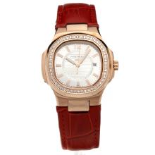 Patek Philippe Nautilus Rose Gold Case Diamond Bezel Silver Dial with Leather Strap-Lady Size-1