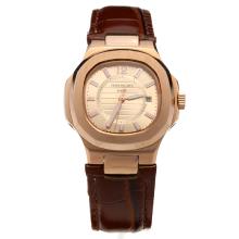 Patek Philippe Nautilus Rose Gold Case Champagne Dial with Leather Strap-Lady Size