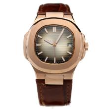 Patek Philippe Nautilus Automatic Rose Gold Case Dark Gray Dial with Leather Strap-18K Plated Gold Movement