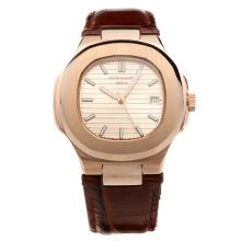Patek Philippe Nautilus Automatic Rose Gold Case Champagne Dial with Leather Strap-18K Plated Gold Movement