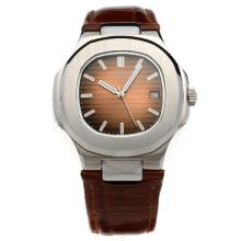 Patek Philippe Nautilus Automatic Brown Dial with Leather Strap-18K Plated Gold Movement