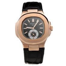 Patek Philippe Nautilus Automatic Rose Gold Case with Black Dial-Leather Strap-1