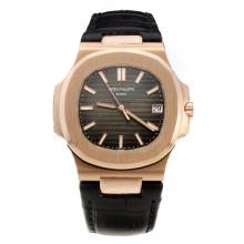 Patek Philippe Nautilus MIYOTA 9015 Automatic Movement Rose Gold Case with Gray Dial-Leather Strap