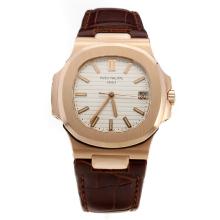 Patek Philippe Nautilus MIYOTA 9015 Automatic Movement Rose Gold Case with White Dial-Leather Strap