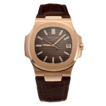 Patek Philippe Nautilus MIYOTA 9015 Automatic Movement Rose Gold Case with Brown Dial-Leather Strap