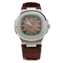 Patek Philippe Nautilus Automatic Diamond Bezel with Brown Dial-Leather Strap
