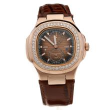 Patek Philippe Nautilus Automatic Rose Gold Case Diamond Bezel with Brown Dial-Leather Strap