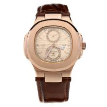Patek Philippe Nautilus Automatic Rose Gold Case with Champagne Dial-Leather Strap