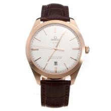 Omega Master Co-Axial Swiss ETA 2836 Movement Rose Gold Case with White Dial-Leather Strap-1
