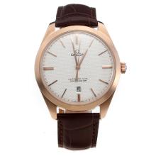Omega Master Co-Axial Swiss ETA 2836 Movement Rose Gold Case with White Dial-Leather Strap