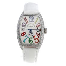 Franck Muller Casablanca Automatic Diamond Bezel White Dial with Colourful Number Markings-White Leather Strap