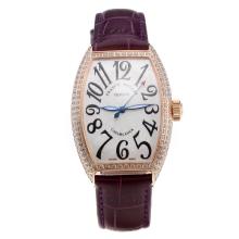Franck Muller Casablanca Automatic Rose Gold Case Diamond Bezel with White Dial-Purple Leather Strap