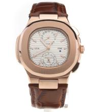 Patek Philippe Nautilus Rose Gold Case with Silver Dial-Leather Strap