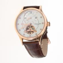 Patek Philippe Tourbillon Working Two Time Zone Automatic Rose Gold Case with White Dial-Leather Strap