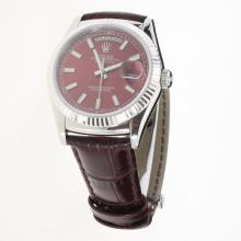 Rolex Day-Date 3156 Automatic Movement Stick Markers with Burgundy Dial-Leather Strap