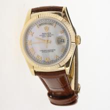 Rolex Day-Date 3156 Automatic Movement Gold Case Roman Markers with MOP Dial-Leather Strap